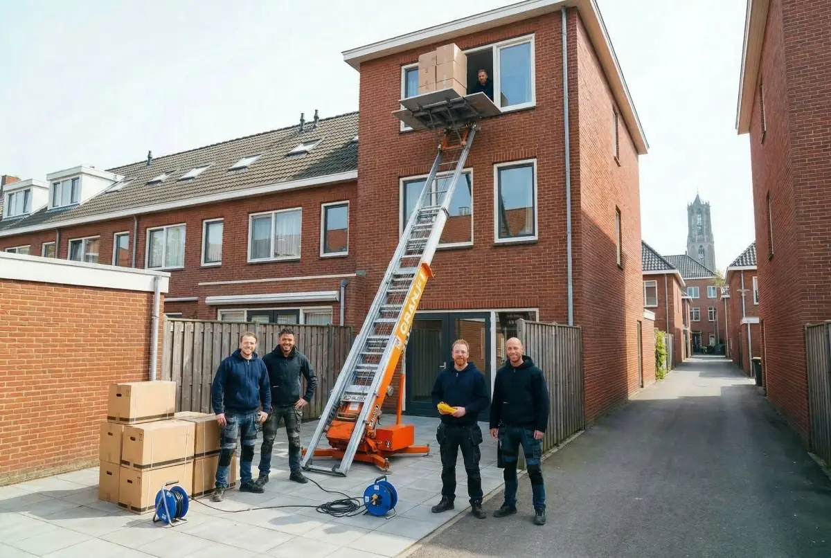 Verhuisdozen worden via lift naar boven gebracht in Utrecht